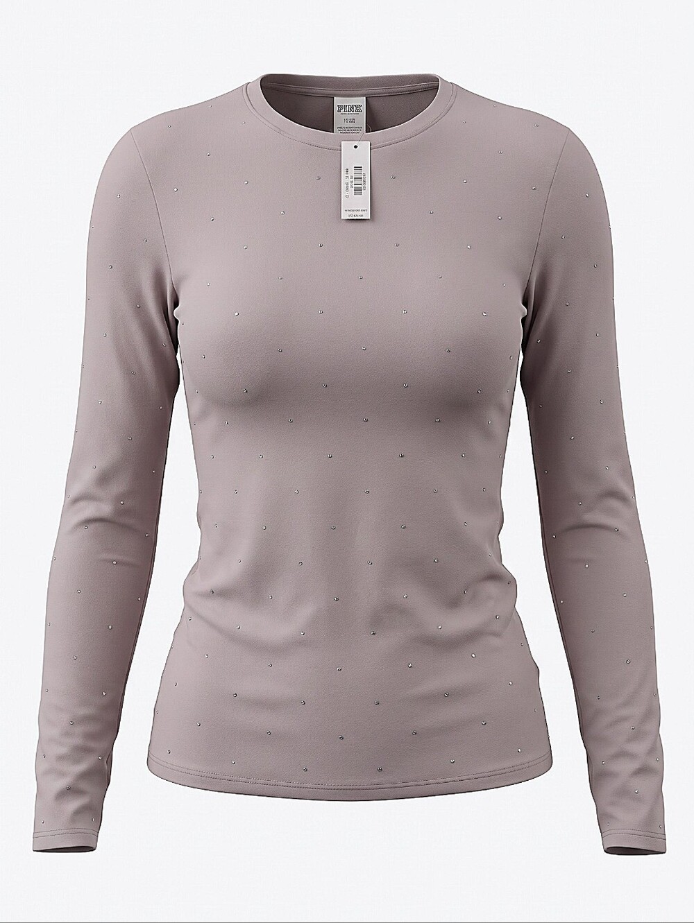 NWT! PINK Active Wear Long-Sleeve Crewneck Top in Taupe with Crystal Dots